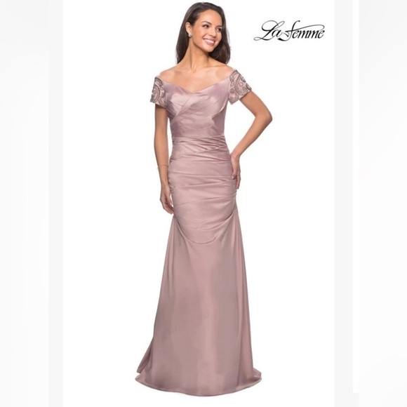 LA FEMME CHAMPAGNE WITH RUCHING SATIN FLOOR GOWN OFF THE SHOULDER  STYLE 25996 - Picture 2 of 4